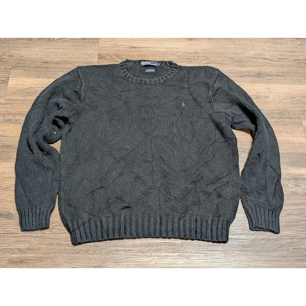 Polo Ralph Lauren Mens XL Black Cotton Crewneck Sweater Purple Pony Logo Knit